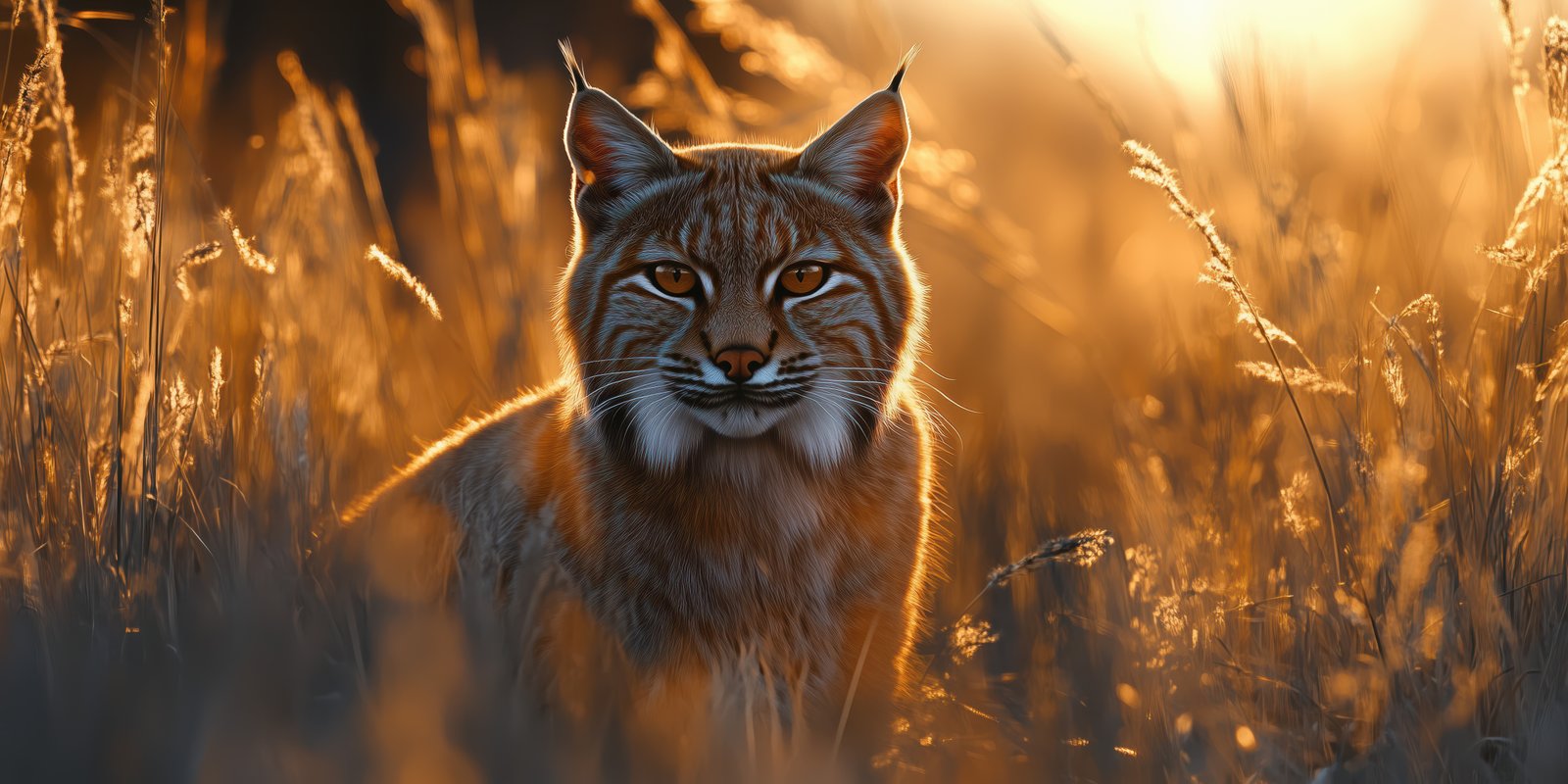Majestic lynx standing proudly in golden grasses during sunset in a serene natural setting